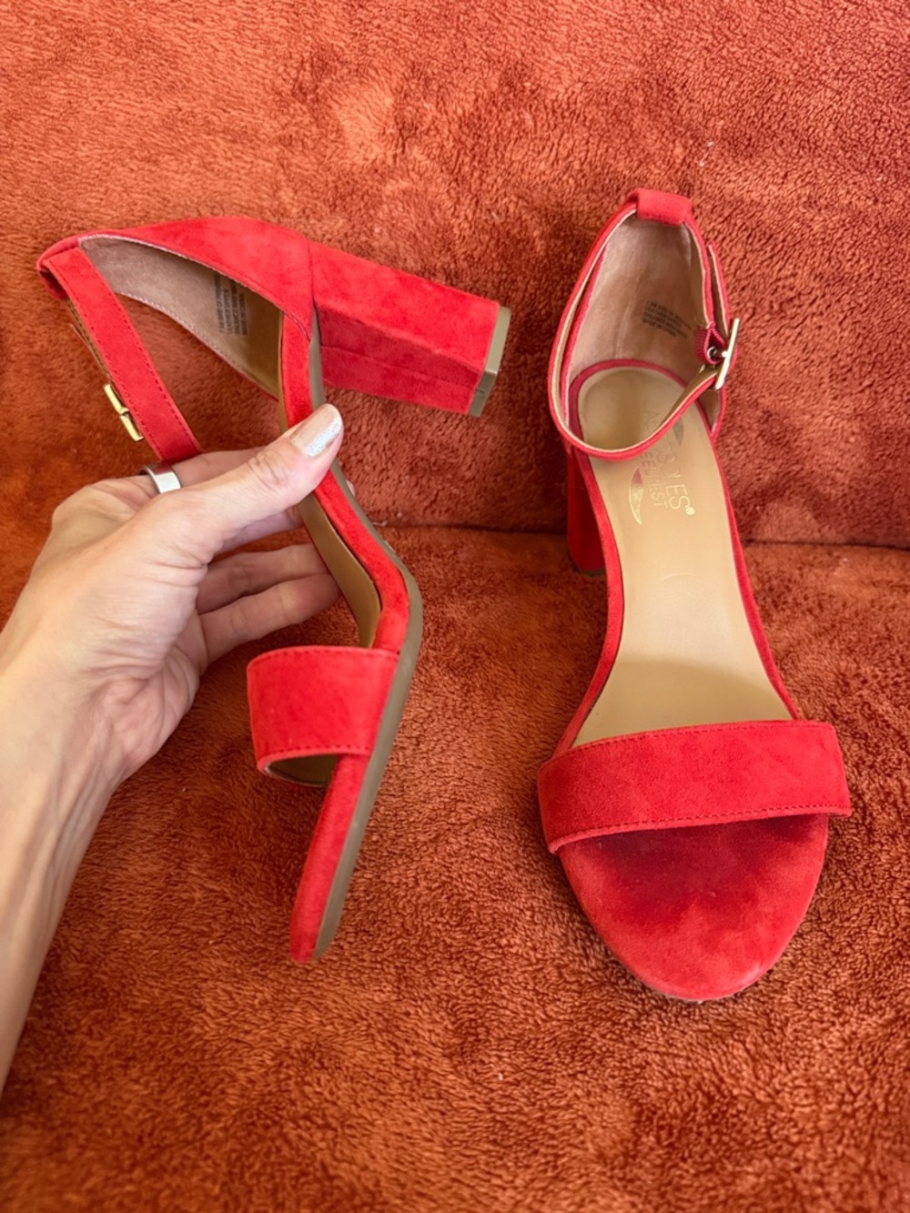 AEROSOLES Red Suede Block Heel Ankle Strap Sandals